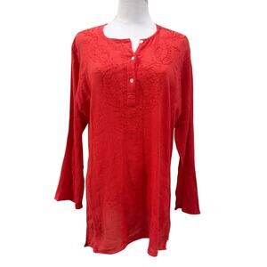 Zad Coral Orange Embroidered Cotton Gauze Tunic Top XL Long Sleeve Coastal Chic